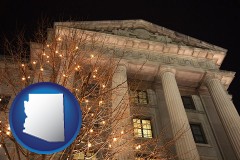 arizona map icon and the Internal Revenue Service building in Washington, DC