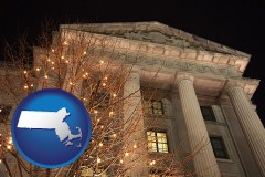 ma map icon and the Internal Revenue Service building in Washington, DC