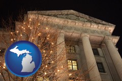 mi map icon and the Internal Revenue Service building in Washington, DC