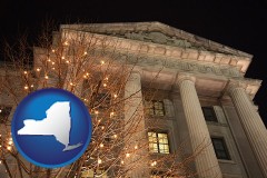 new-york map icon and the Internal Revenue Service building in Washington, DC