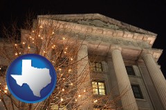 texas map icon and the Internal Revenue Service building in Washington, DC
