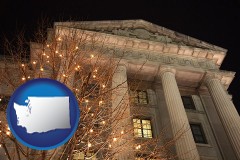 wa map icon and the Internal Revenue Service building in Washington, DC